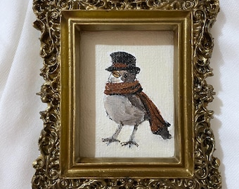 鳥のオリジナル油絵｜コマドリの額装アート｜服を着た動物のミニチュア
