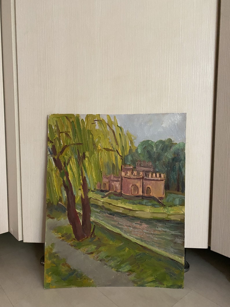 May include: A painting depicting a red brick building with a moat and a weeping willow tree in the foreground. The painting is executed in a loose, impressionistic style.