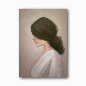 Retrato Vintage Pintura a Óleo Original Belo Perfil Arte de Parede Menina Morena Retro Decoração de Quarto Senhora Única