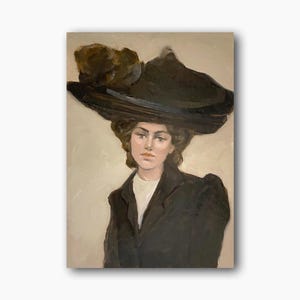 Senhora de chapéu, retrato feminino vintage, pintura a óleo original, pintura a óleo de mulher, arte de parede retrô, decoração de quarto de menina, única
