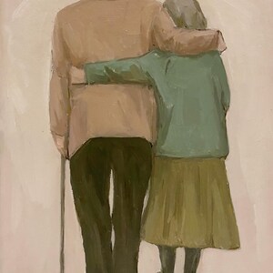 May include: A painting depicting an elderly couple walking side by side. The man is wearing a brown jacket, dark trousers, and carrying a walking stick. The woman is wearing a green jacket, a brown skirt, and has her arm around the man's waist.