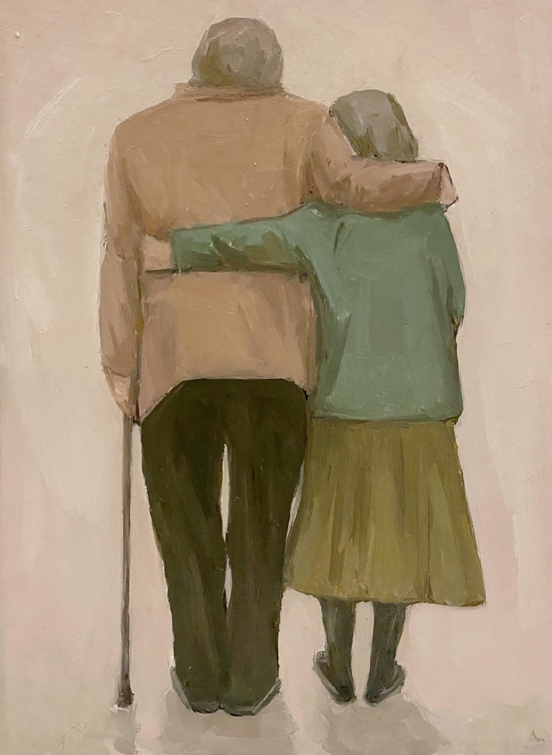 May include: A painting depicting an elderly couple walking side by side. The man is wearing a brown jacket, dark trousers, and carrying a walking stick. The woman is wearing a green jacket, a brown skirt, and has her arm around the man's waist.