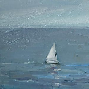 May include: A white sailboat with a single sail is sailing on a blue body of water. The sky is a light blue and the water is a darker blue. The painting is done in a loose, impressionistic style.