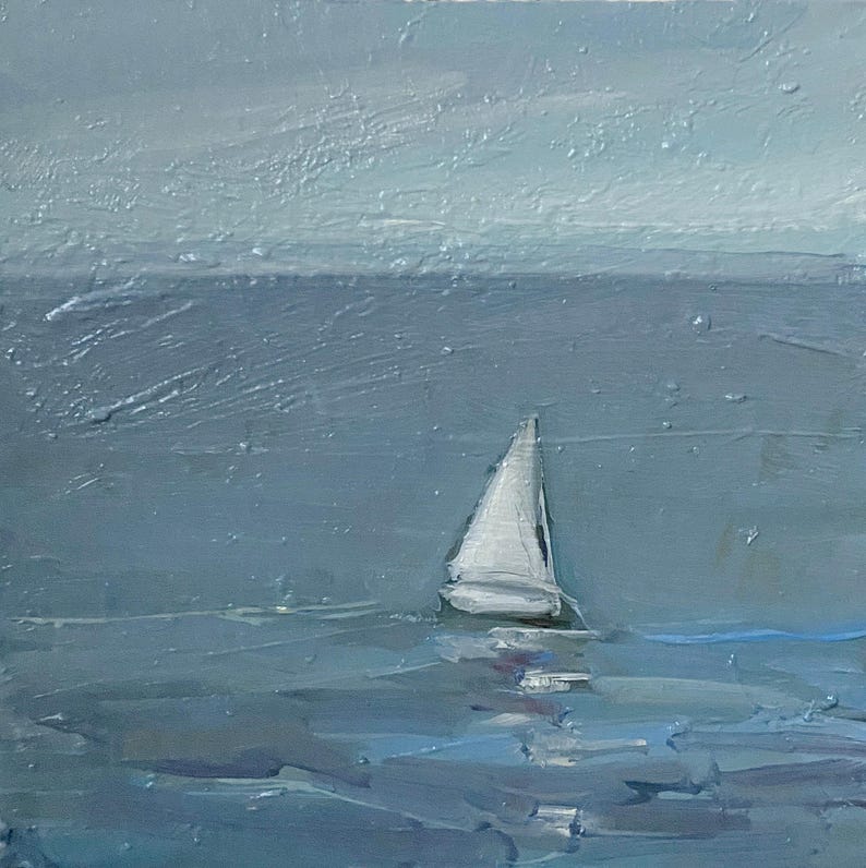 May include: A white sailboat with a single sail is sailing on a blue body of water. The sky is a light blue and the water is a darker blue. The painting is done in a loose, impressionistic style.