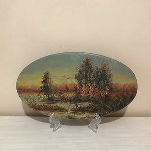 Vintage Landscape Original Oil Painting Nature Wall Art Antique Trees Lake Forest Pine Trees Autumn Room Decor Memorable Gift For Her