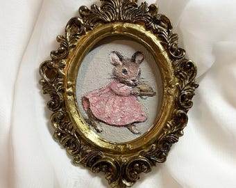 Mouse Art Small | Tiny Animal in Dress Oil Painting | Funny Rat Artwork Framed {4.7 x 3.5 in}