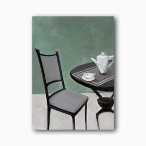 Cadeira Original Pintura a Óleo Mesa Xícara de Café Arte de Parede Interior Natureza Morta Decoração de Quarto Verde Presente Único