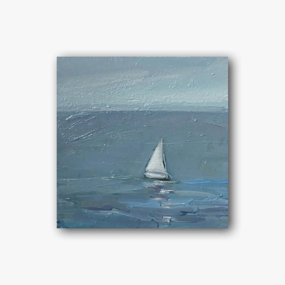 Vintage Sailboat Original Oil Painting: Seascape Art (6x6 in)