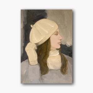 Retrato Feminino Vintage Pintura a Óleo Original Lindo Perfil Arte de Parede Mulher em Boina Decoração de Quarto Menina Retro Única