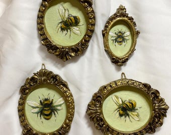 Bee Miniature Vintage | Bumblebee Original Oil Painting Insect Art Ornate Framed