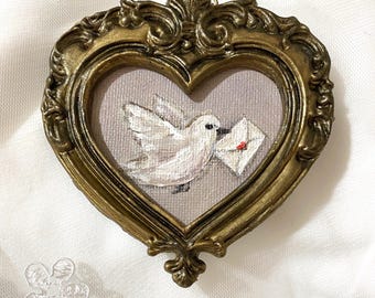 Paloma blanca con sobre, pintura al óleo original / Noticias Amor Arte Enmarcado Vintage