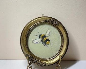 Bee Miniature Vintage Bumblebee Original Oil Painting Insect Art Small