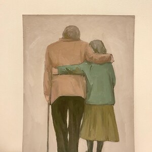 May include: A painting of an elderly couple holding each other from behind. The man is wearing a brown jacket and the woman is wearing a green jacket and a brown skirt. They are both looking forward.