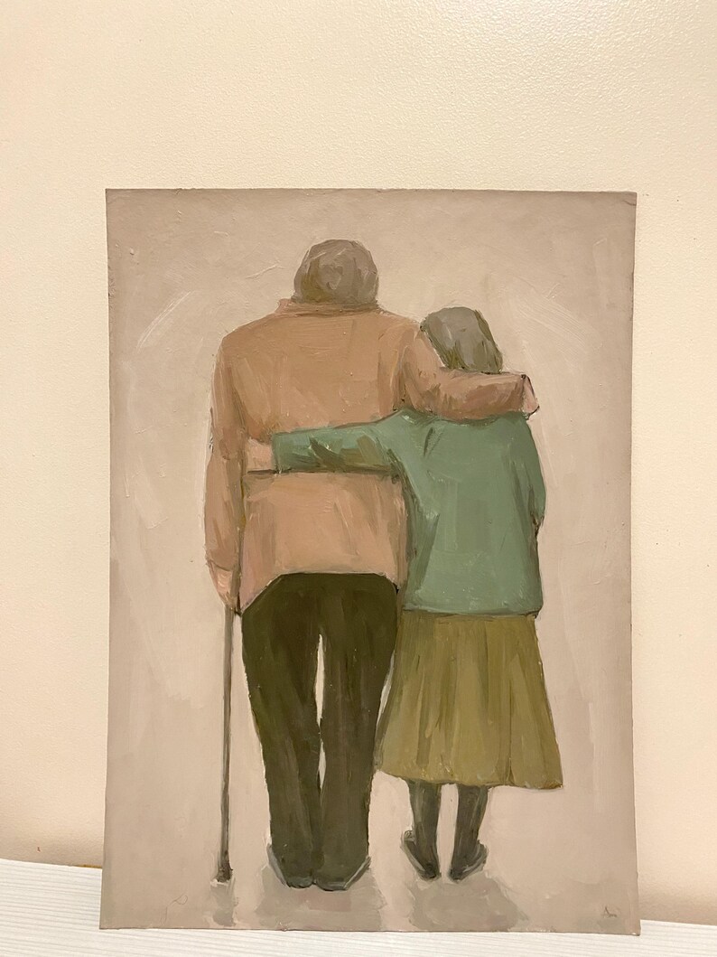 May include: A painting of an elderly couple holding each other from behind. The man is wearing a brown jacket and the woman is wearing a green jacket and a brown skirt. They are both looking forward.