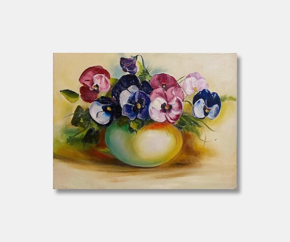 Vintage Pansy Flowers Oil Painting: Floral Still Life Art (15.8x11.8)