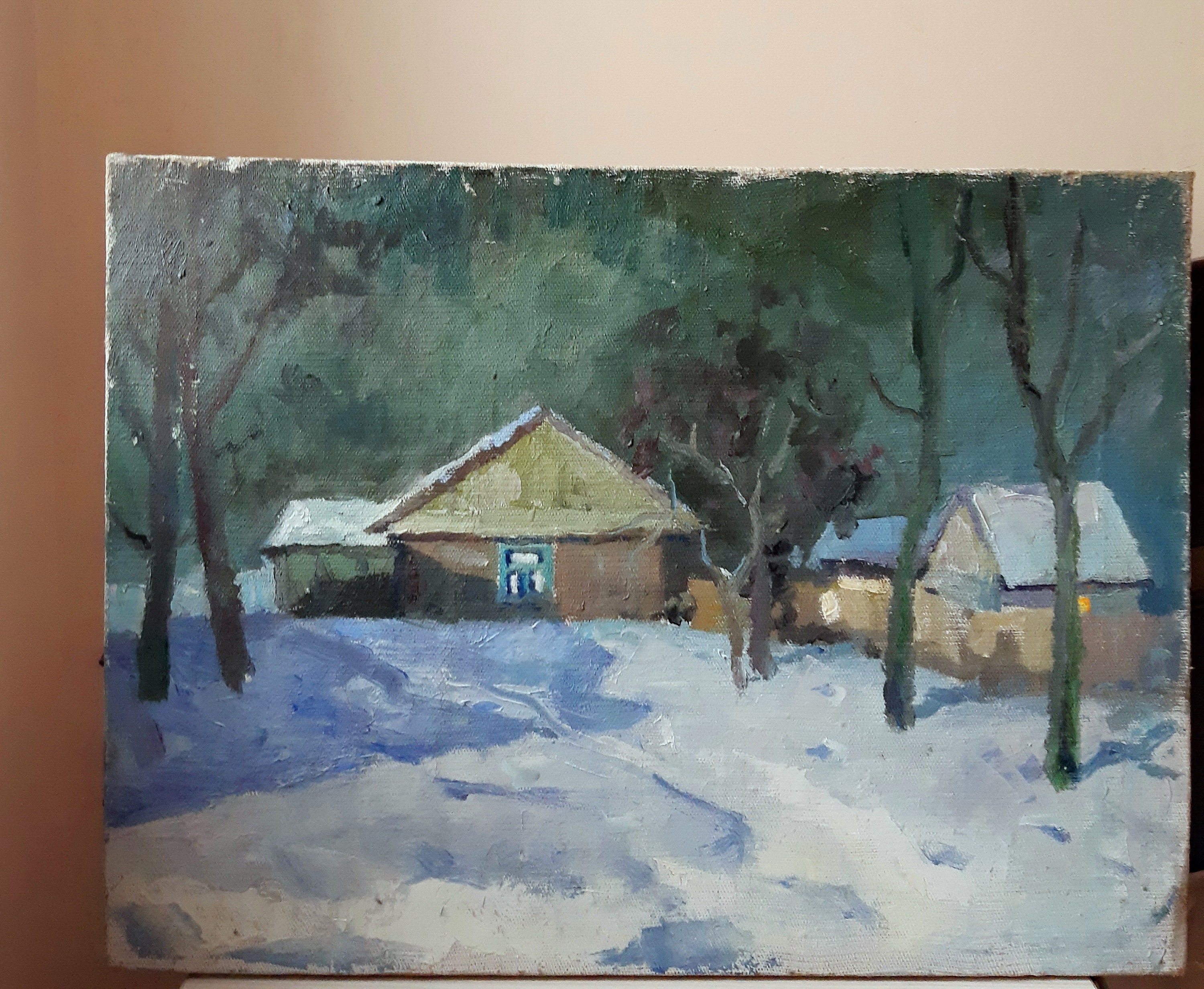 Vintage Winter Landscape Original Oil Painting Canvas House Wall Art ...