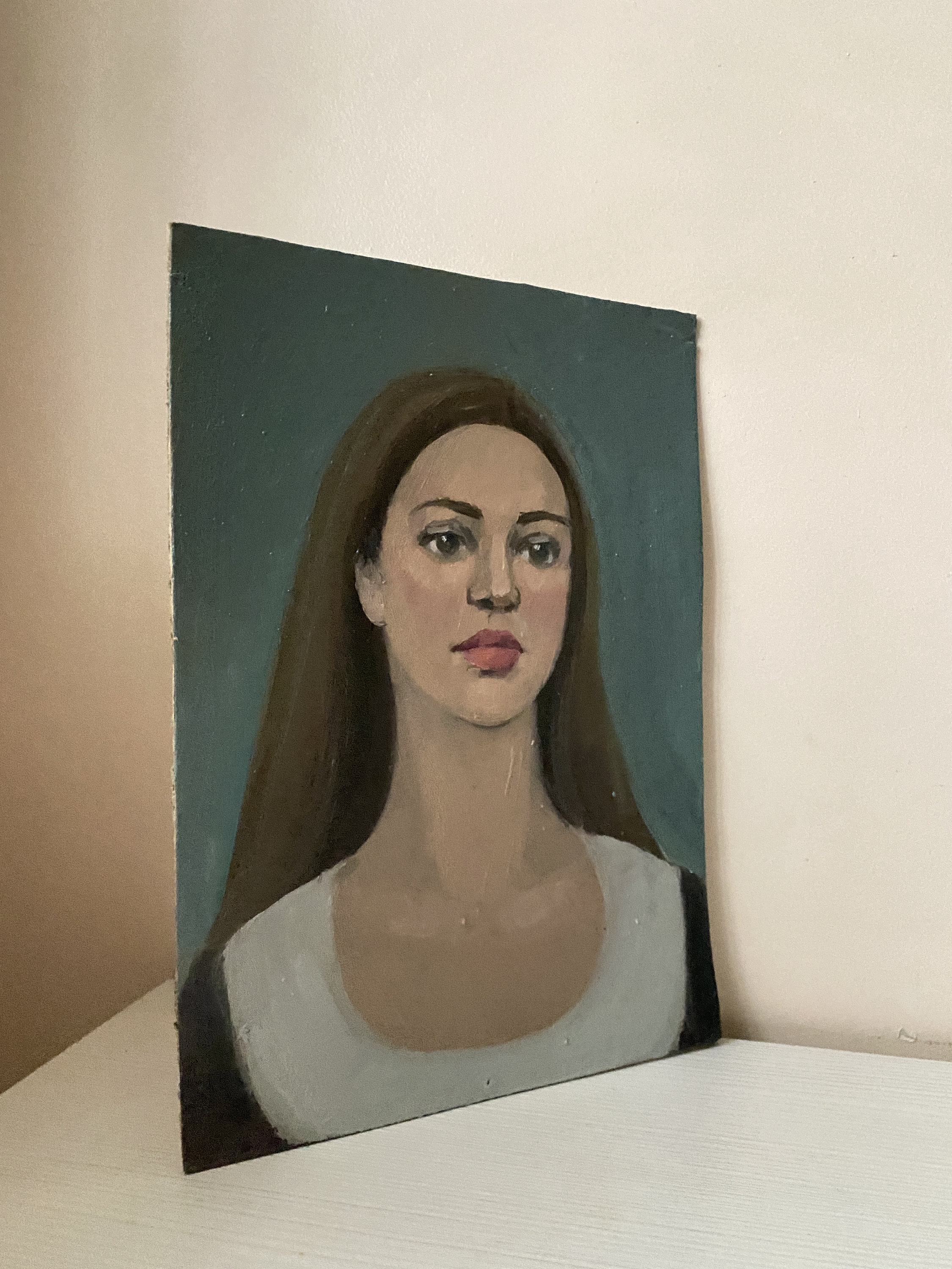 Vintage Female Portet Original Oil Painting Beautiful Girl Wall Art Red ...