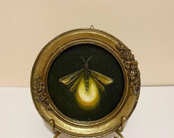 Luciérnaga en miniatura, pintura al óleo original, insecto vintage, arte pequeño, luz nocturna, regalo memorable