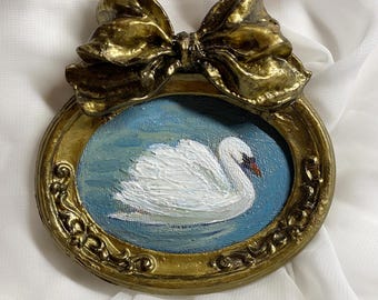 Swan Miniature Vintage | White Bird Original Oil Painting | Art Ornate
