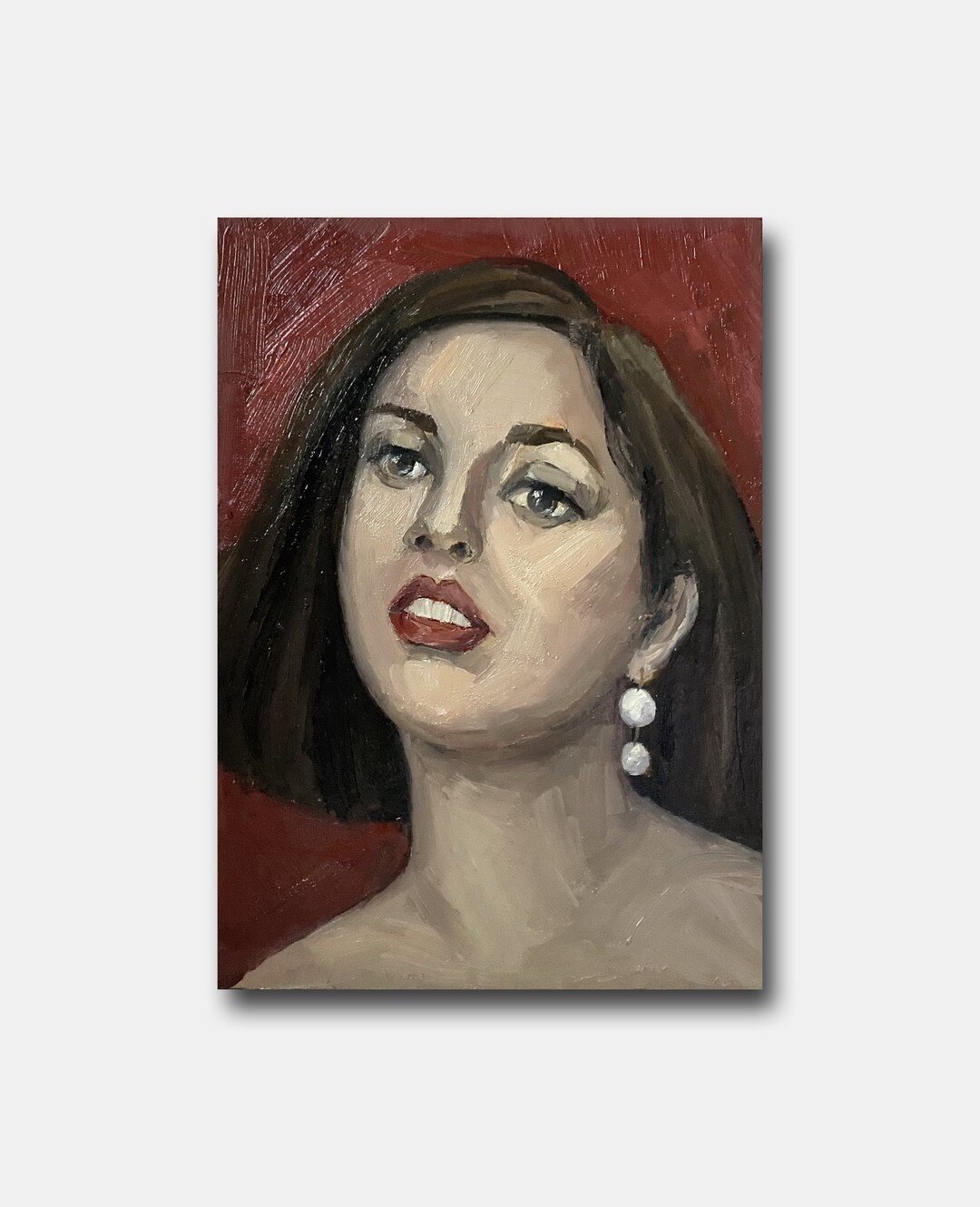 Vintage Female Portrait Original Oil Painting | Retro Red Room Decor - Etsy
