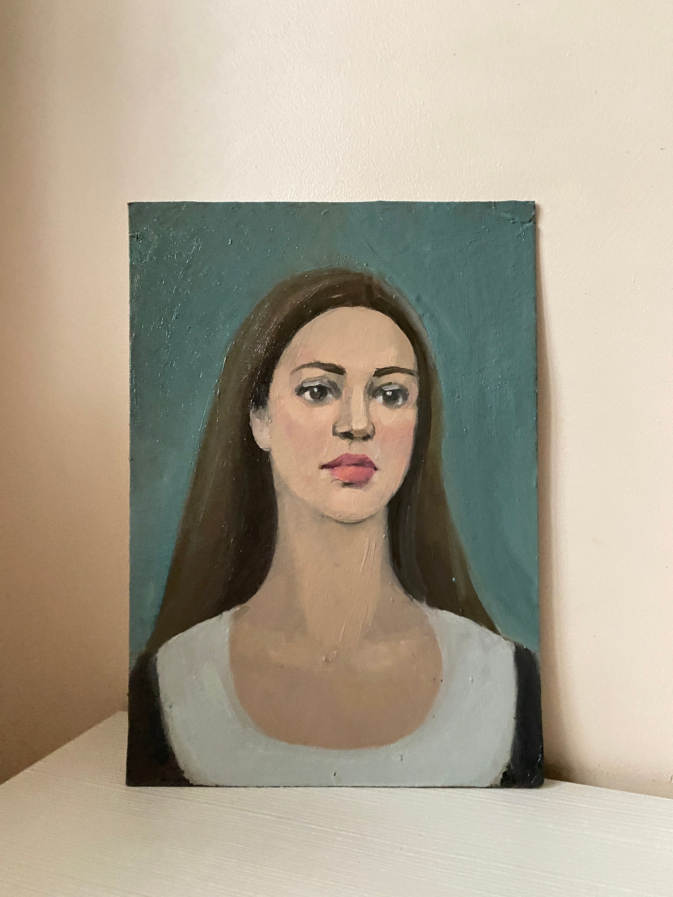 Vintage Female Portet Original Oil Painting Beautiful Girl Wall Art Red ...