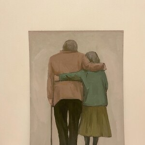 May include: A painting depicting an elderly couple standing side by side. The man is dressed in a brown jacket and black trousers, holding a walking stick. The woman is wearing a green jacket and a brown skirt. They are both looking away from the viewer.