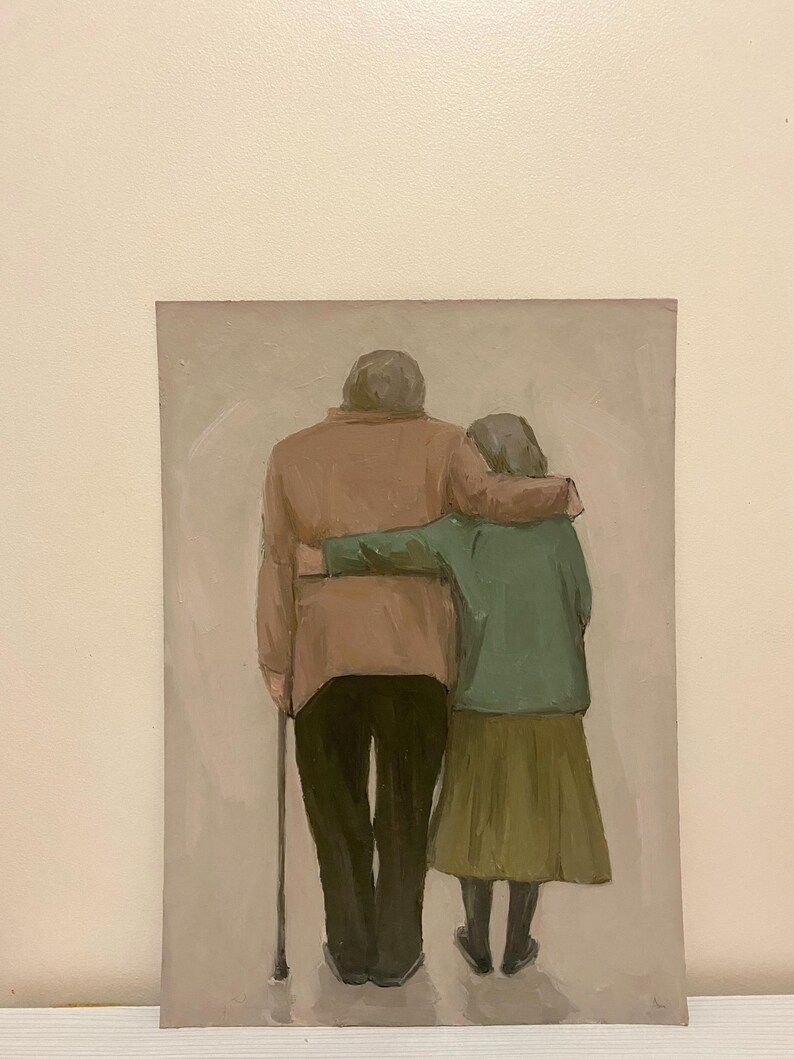 May include: A painting depicting an elderly couple standing side by side. The man is dressed in a brown jacket and black trousers, holding a walking stick. The woman is wearing a green jacket and a brown skirt. They are both looking away from the viewer.