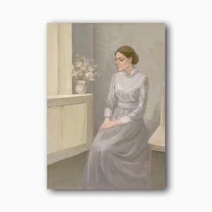 Retrato feminino vintage original pintura a óleo mulher na janela arte de parede menina de perfil decoração de quarto de senhora única