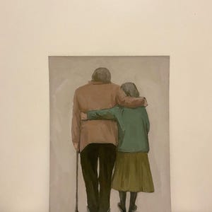 May include: A painting depicting an elderly couple standing close together. The man is wearing a brown jacket and holding a walking stick. The woman is wearing a green jacket and a brown skirt. They are both looking away from the viewer.