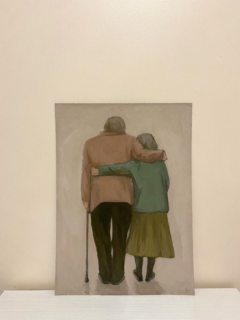May include: A painting depicting an elderly couple standing close together. The man is wearing a brown jacket and holding a walking stick. The woman is wearing a green jacket and a brown skirt. They are both looking away from the viewer.