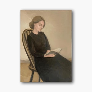 Retrato feminino vintage original pintura a óleo mulher lendo livro arte de parede retro menina na cadeira decoração de quarto de senhora única