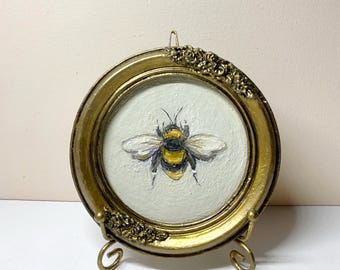 Bee Original Oil Painting Bumblebee Art Mini Insect Miniature Vintage