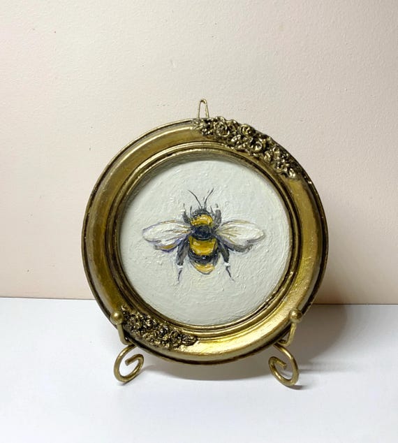 Bee Original Oil Painting Bumblebee Art Mini Insect Miniature Vintage