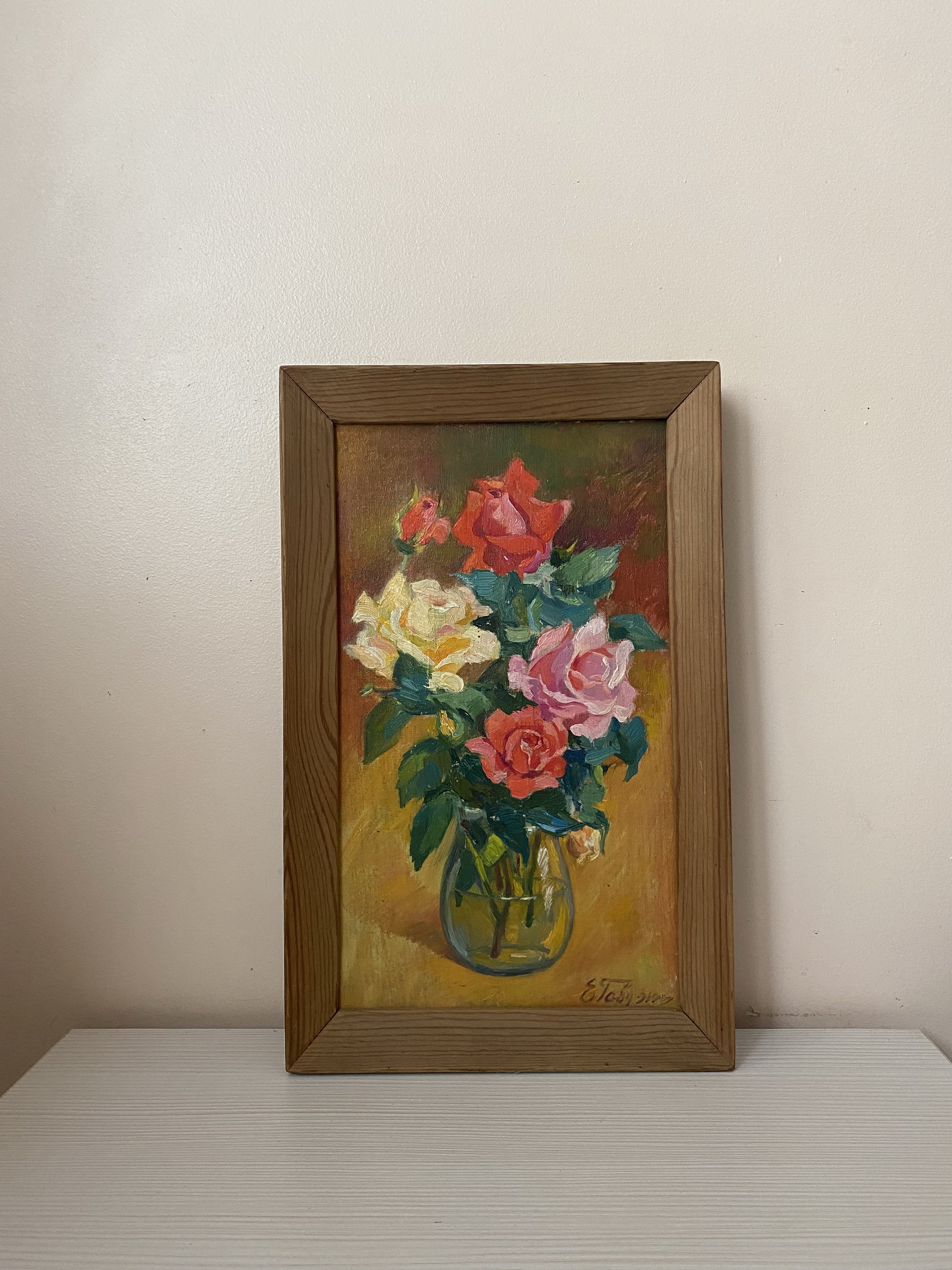 Roses Vintage Original Oil Painting Framed Flower Bouquet Wall Art ...