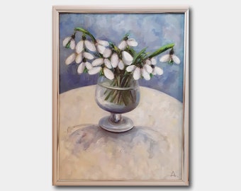 Framed Snowdrops Original Oil Painting: Floral Still life Art (16x12 in)