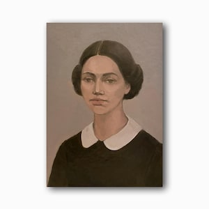 Retrato feminino vintage, pintura a óleo original, mulher, arte de parede retrô, decoração de quarto de menina, cinza, único