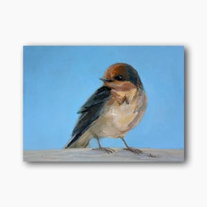 Pintura a óleo original de pássaro fofo, arte de semente de Robin, retrato de animal de estimação, decoração de quarto, azul, presente exclusivo para ela