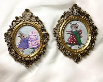 Mouse Small Art Vintage | Tiny Animal Original Oil Painting | Funny Rat Miniature Framed