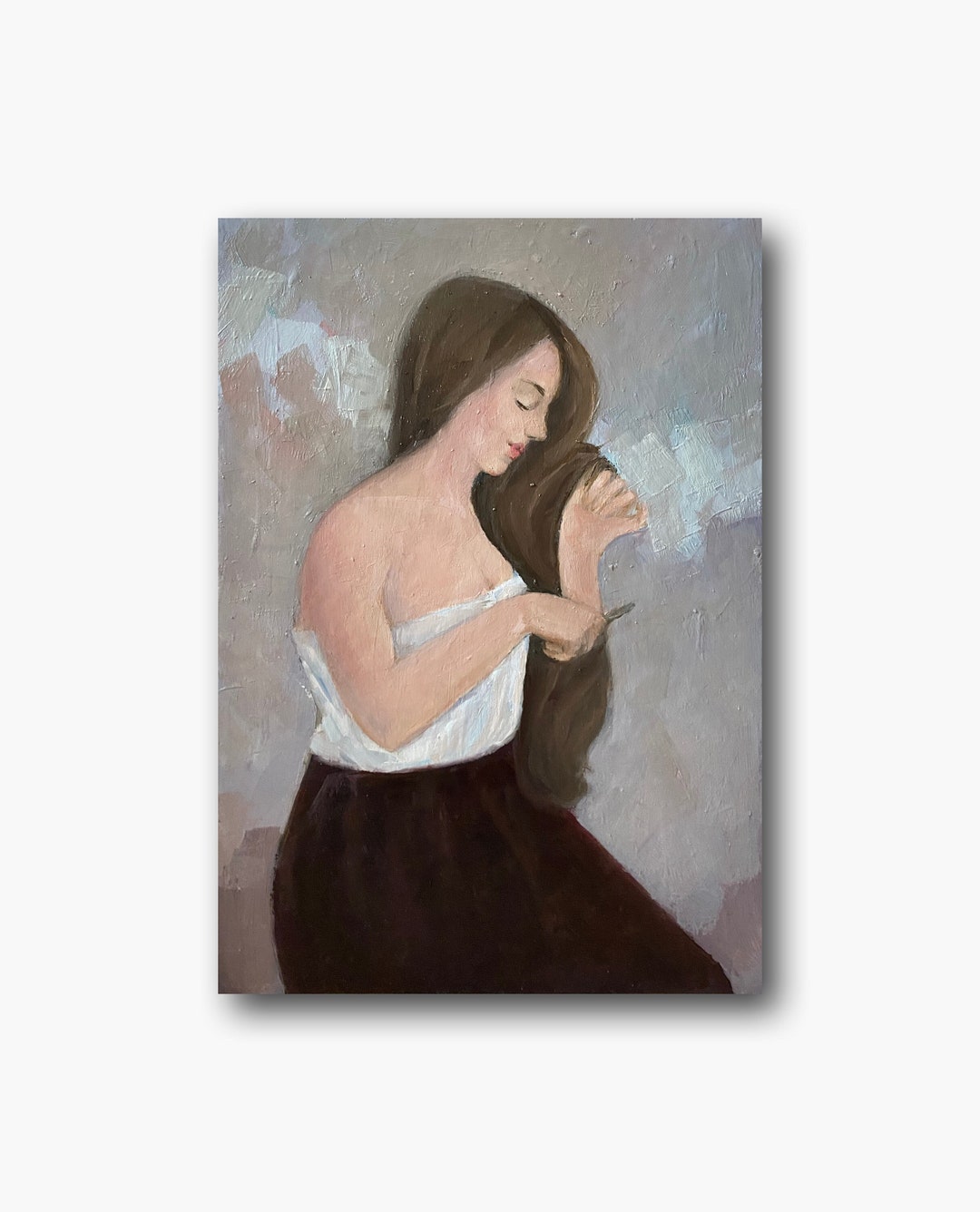 Female Portrait Vintage Original Oil Painting Beautiful Long Haired ...