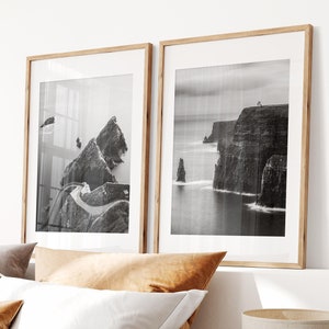 Black and white art prints featuring the dramatic Cliffs of Moher and Dunquin Pier.