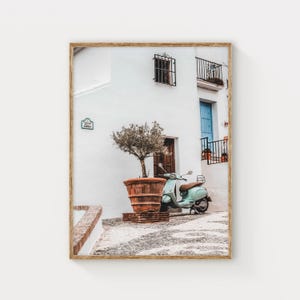 Vintage Scooter Wall Art, Frigiliana Print, Mediterranean Home Decor, Rustic Spain Travel Poster, Vespa Photography, Gift For New Home