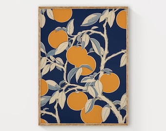 Orange Tree Botanical Print, Blue and Orange Fruit Wall Art, Citrus Kitchen Poster