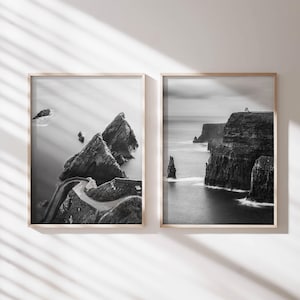 Juego de 2 impresiones de arte mural irlandés en blanco y negro con fotografías del muelle Dunquin de Irlanda y los acantilados de Moher / Regalo para un nuevo hogar