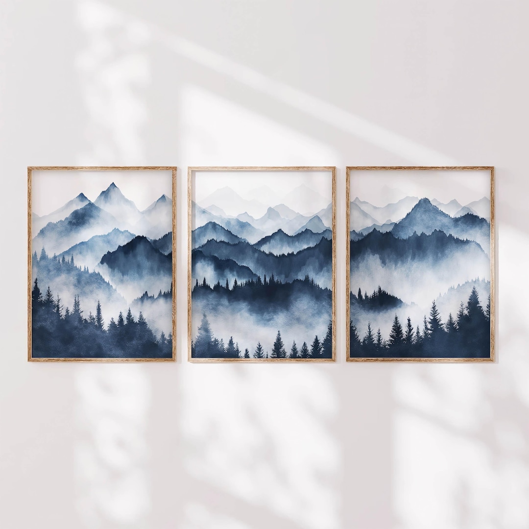 Blue Abstract Mountain Print Set of 3 - Modern Landscape Wall Art - Etsy