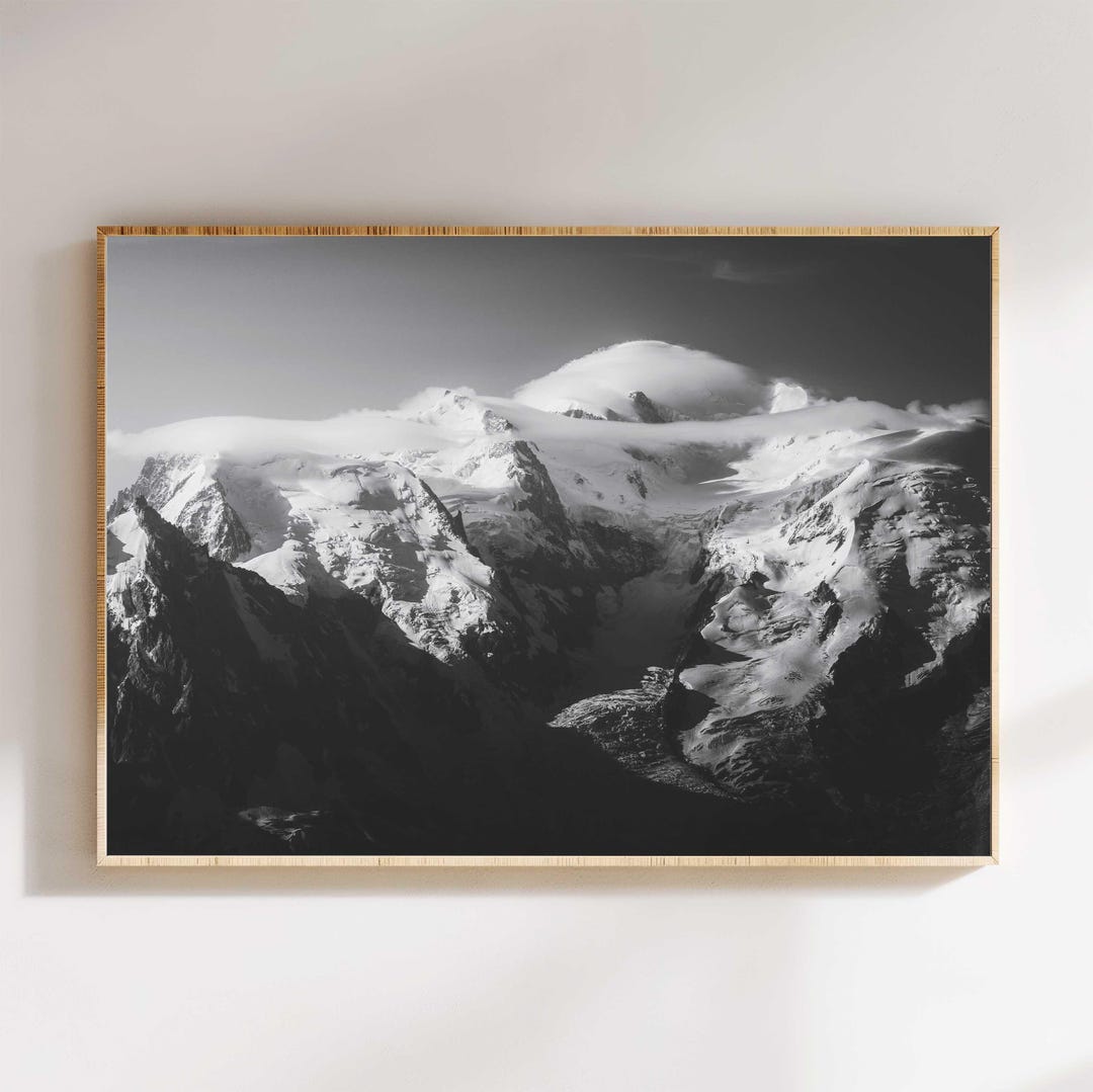 Mont Blanc Black and White Wall Art Print, Alpine Mountain Landscape ...