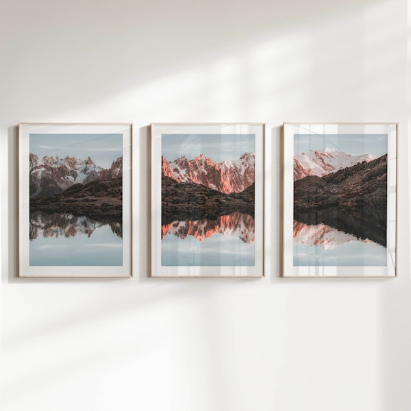 Triptyque Lac Blanc, Chamonix, Alpes françaises, France | Lot de 3 oeuvres d'art murales sans cadre de photographie de montagne | Cadeau de pendaison de crémaillère | Impressions nature