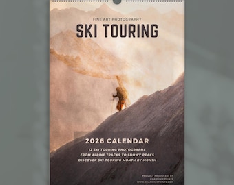 Calendrier mural de ski de randonnée 2026 - A4/A3 - Commencez n'importe quel mois, calendrier flexible de 12 mois