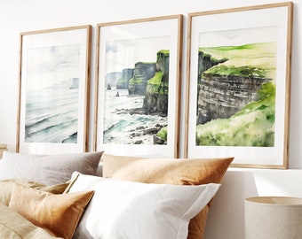 Set of 3 Prints from the Cliffs of Moher, Co Clare, Ireland | Unframed Irish Watercolour Wall Art Print | Modern Wall Decor