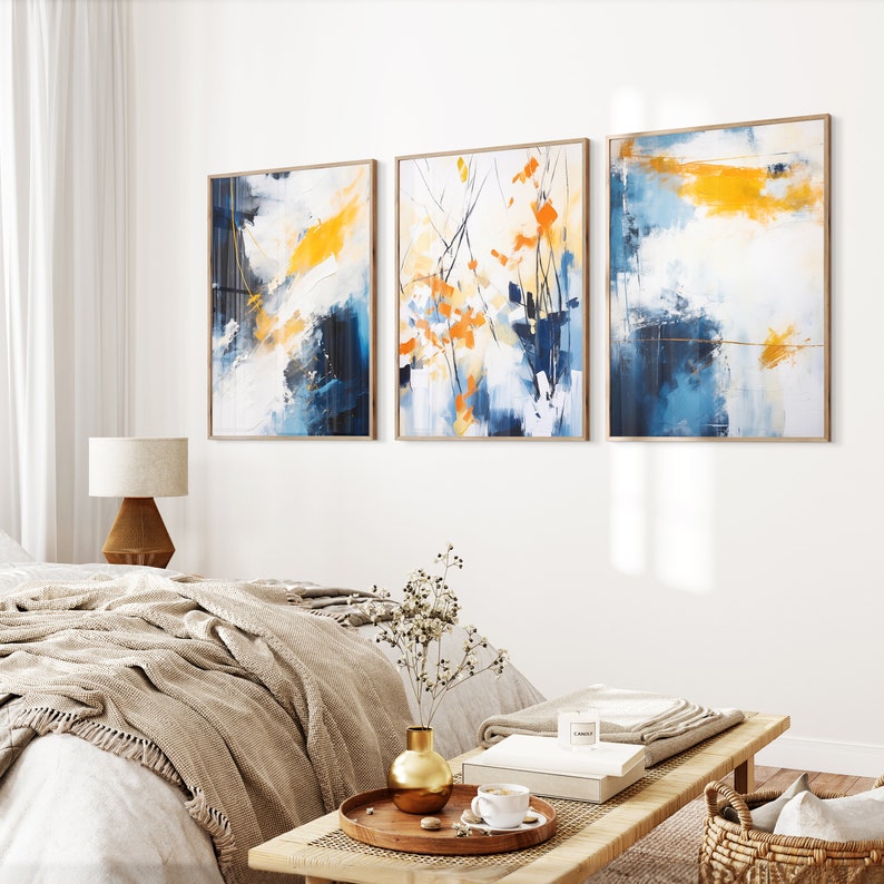 3 Piece Abstract Wall Art Print Set in Orange & Navy Blue Colourful Art