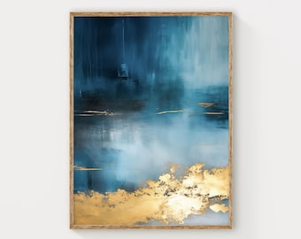 Blue and Gold Abstract Art Print: Modern Minimalist Home Decor